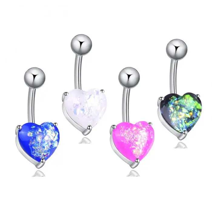 Surgical Steel Navel Belly Button Ring Opal Glitter Heart Piercing Navel Nail TT@88