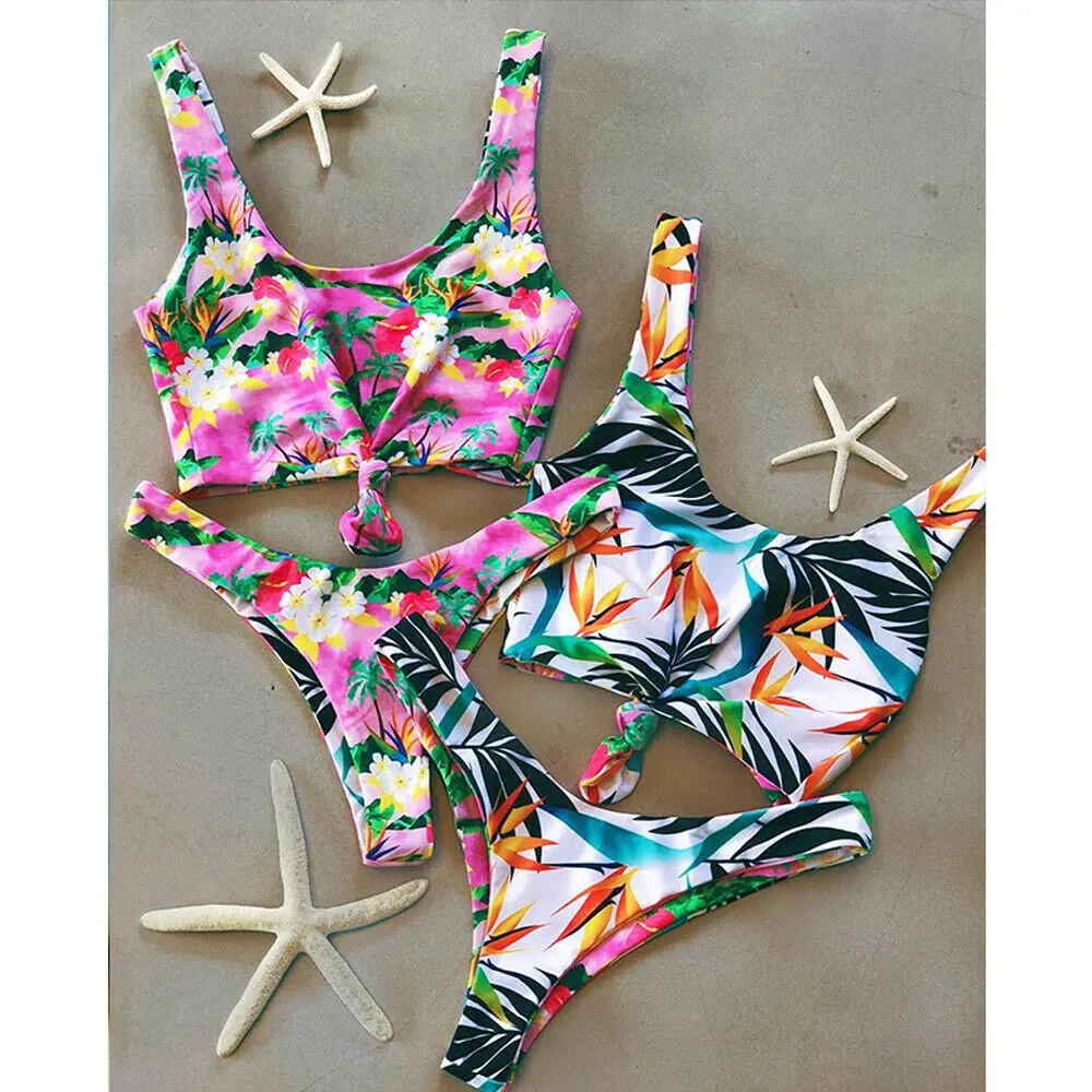 Комплект из 2 предметов Женский Тропический цветочный Монокини бикини с принтом