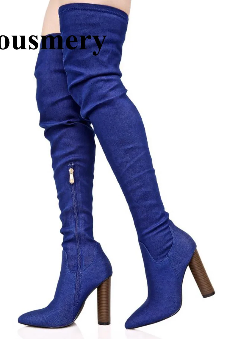 

New Design Women Fashion Pointed Toe Blue Denim Over Knee Thick Heel Boots Stretch Long Slim Bandage High Heel Boots Sexy Shoes