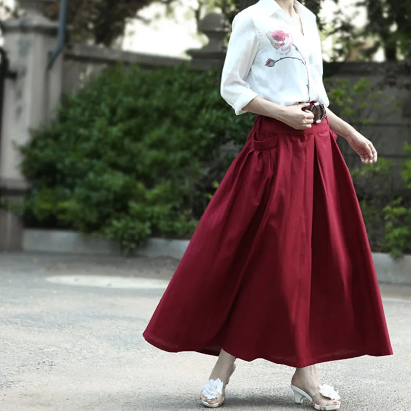 Женская плиссированная юбка-трапеция из хлопка и льна повседневная винтажная