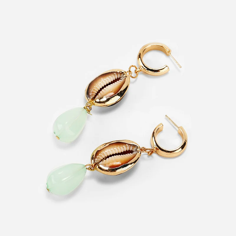 GWACC Shell Pendant Drop Earrings ZA NEW Creative Vintage Ethnic Style Green stone For Women Girls Fashion Jewelry | Украшения и