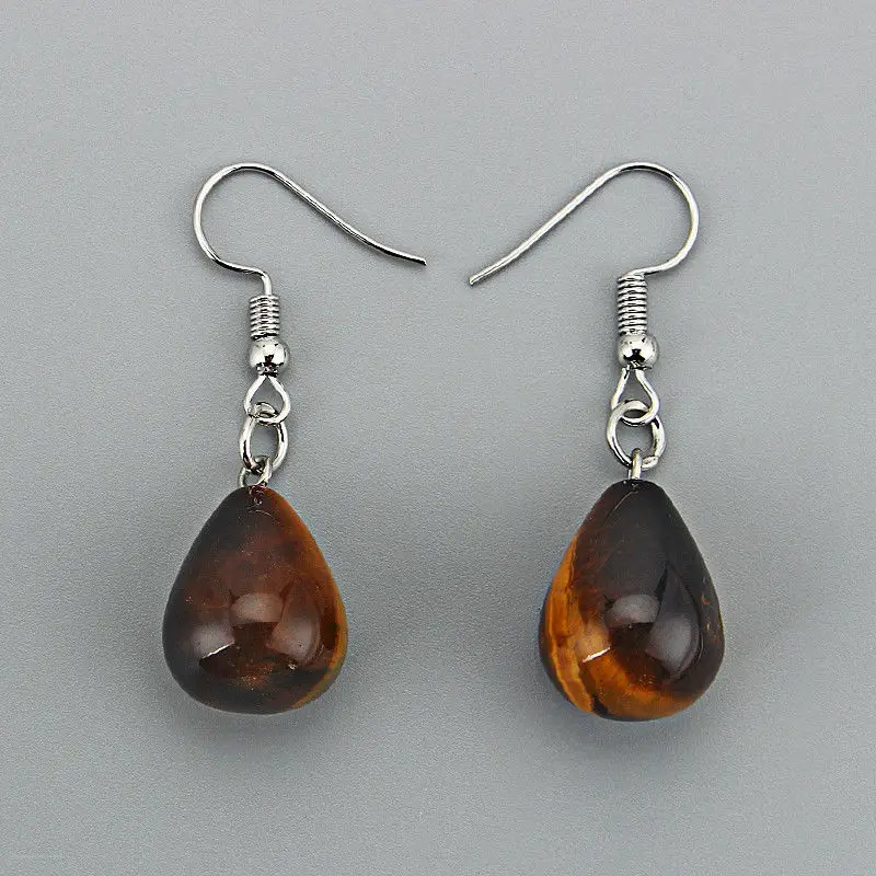 Tiger Eye Висячие серьги в форме капли воды из натурального камня для женщин, тигровый глаз, прозрачный кварц, опал, обсидиан, Висячие коническая бусина, серьги-крючки - Окраска металла: Tiger Eye