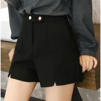 862 black Шерстяные женские шорты осень зима широкие мини шорты Feminino осенние шорты с ремнем и карманами F224 - Цвет: 862 black