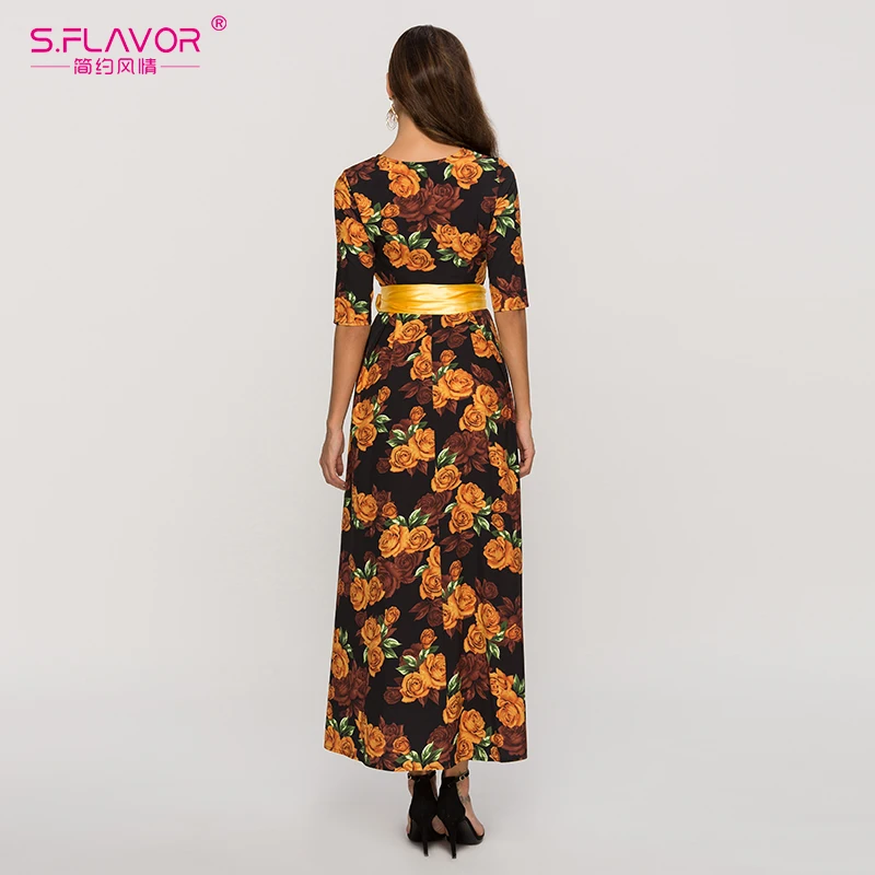 S. Светильник цветное женское длинное платье Осень-зима 2019 рукав 3/4 круглый ворот