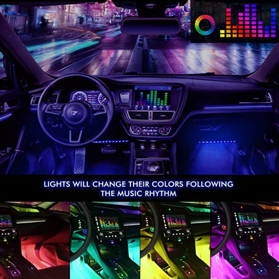 Подсветка салона автомобиля RGB Smart 4 шт. 36/48 светодиодов разноцветная музыка Bluetooth