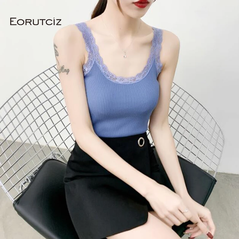 

EORUTCIZ Summer Lace Camis Women Sexy Tank Top Slim Halter Top Female Elastic Black Basic Shirt O neck Spring Tops LM428