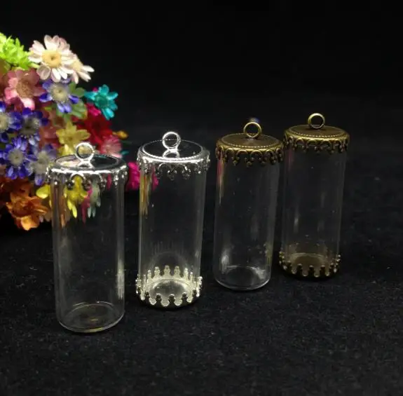 20pcs 28*12mm clear open jars tube shape glass vial pendant with crown tray glass wishing bottle necklace glass cover dome vase