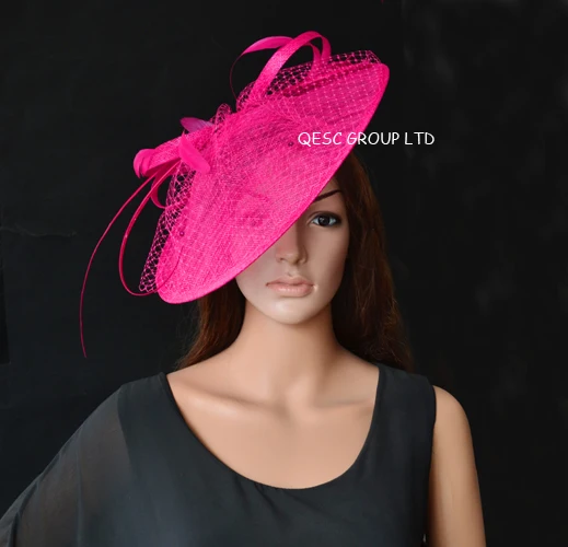 HOT PINK Элегантные Новые 17 цветов серебристо-серый большой головной убор Sinamay чародей шляпы для Кентукки Дерби, свадебные женские вечерние шляпы, гонки - Цвет: HOT PINK