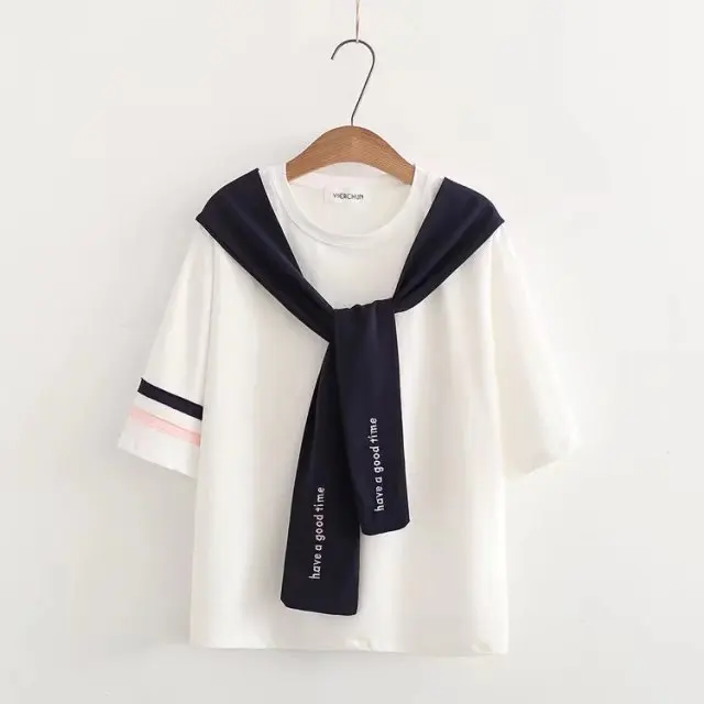 Merry Pretty sailor, женская футболка, новинка, летняя, Япония, стиль, вышивка, короткий рукав, галстук, галстук, воротник-бабочка, хлопок, кроп-топы