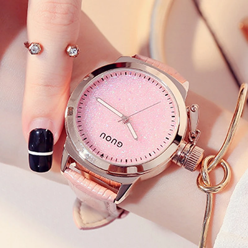 Женские Часы GUOU женские часы роскошные со сверкающими бриллиантами с кожаным