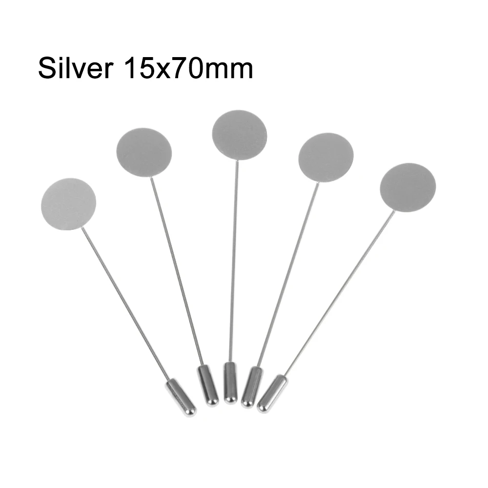 Silver 15x70mm 10 шт./компл. цвета: золотистый, серебристый искусственным жемчугом, покрытый сплав Медь длинная Брошь булавка "сделай сам" с отложным воротником платье для изготовления ювелирных изделий, брошь база/лоток для рукоделия - Цвет: Silver 15x70mm