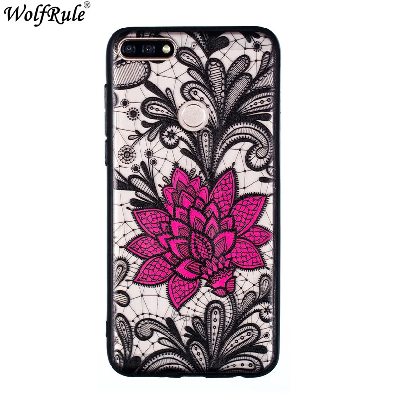 WolfRule Huawei Honor 7C Pro Case Cover Black Lace Red Flower Soft TPU For Y7 Prime 2018 Hard PC Fundas |