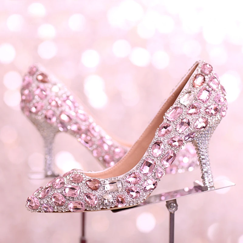 

Elegant Pink Crystal Women high-heeled pointed toe Formal Shoes rhinestone princess single pumps Bridesmaid Shoes