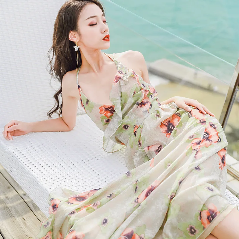 Платье макси с цветочным принтом V образным вырезом и открытой спиной|Женские