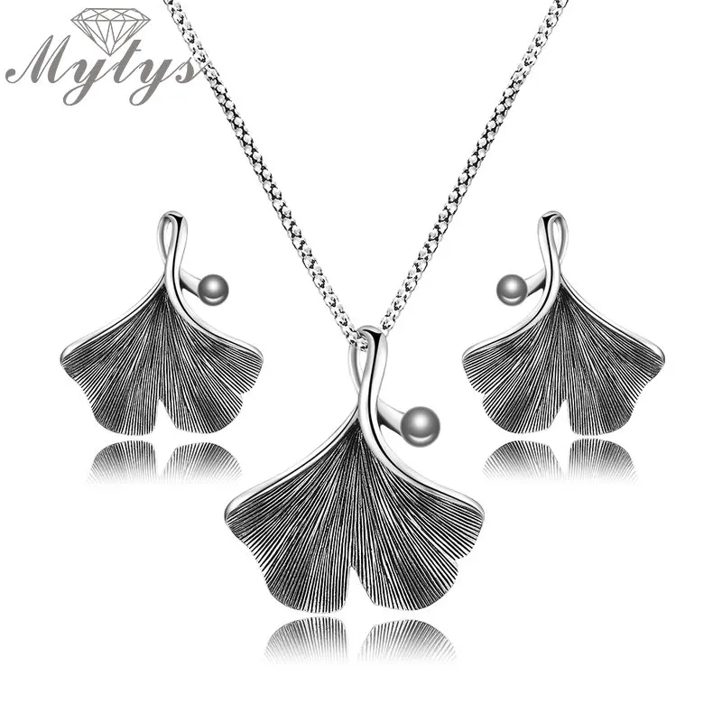 Mytys Винтажный серебряный серый лист гинкго Ювелирные наборы для женщин ретро
