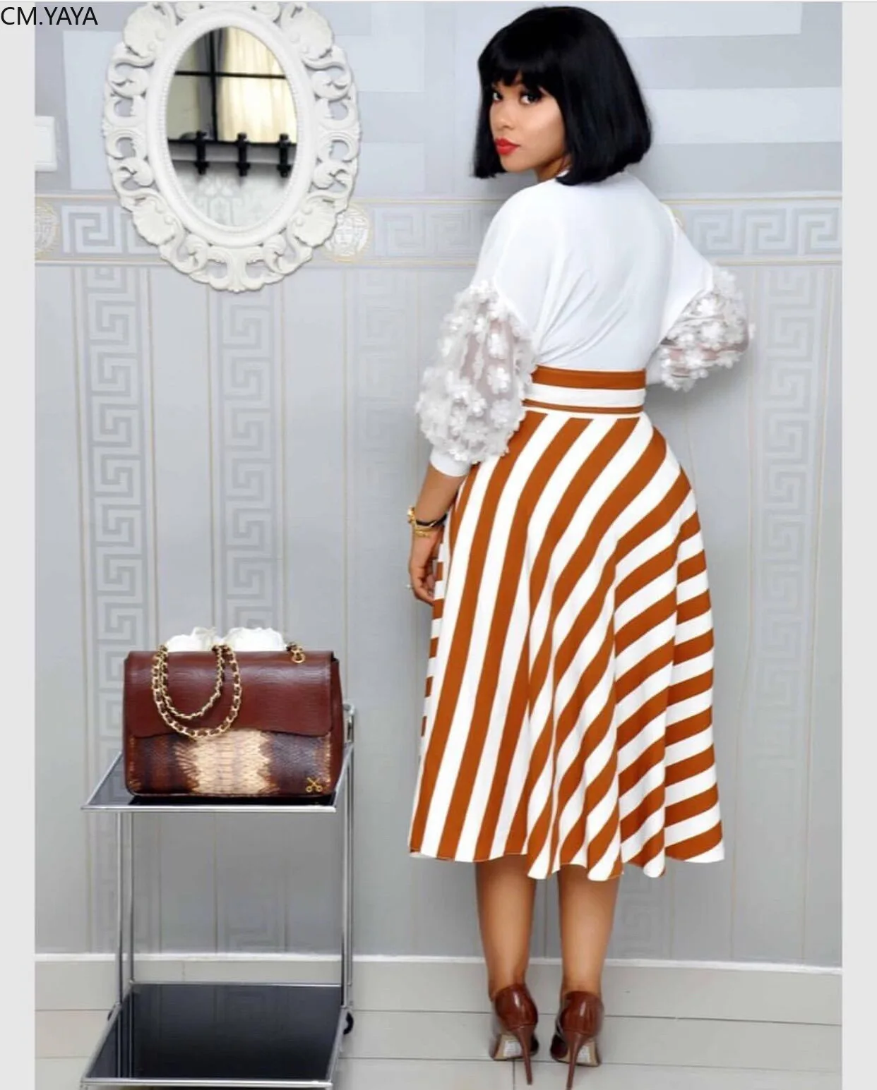 2019 women summer new long sleeve o-neck Midi dress Striped Pleated fashion sashes vintage Africa vestidos dresses GLAM356 | Женская
