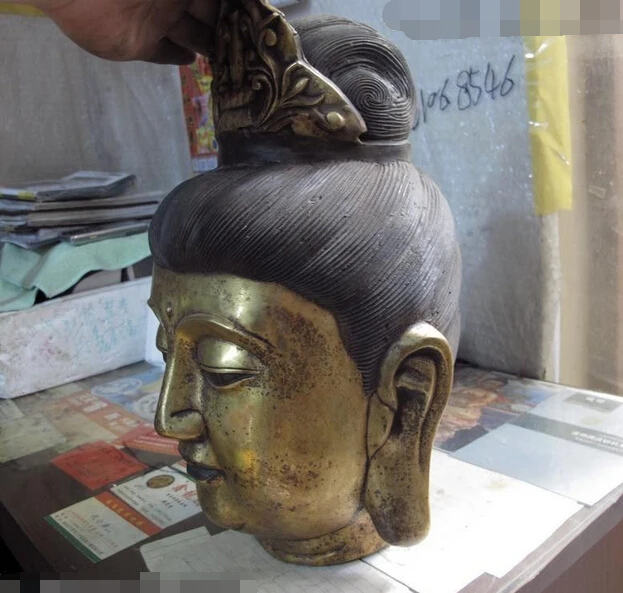 14 Chinese buddhism bronze gild kwan-yin bodhisattva Avalokiteshvara head Statue Copper garden decoration |