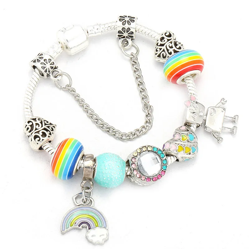 TOGORY 2019 Высокое Качество бусины браслет Радуга любви кулон Серебряный тонкий для