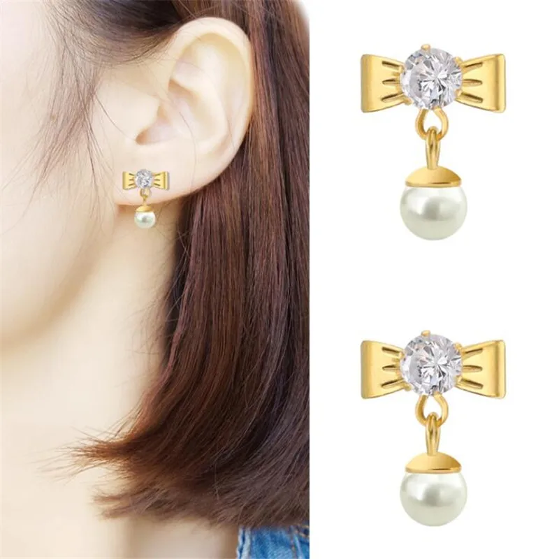 

DE02 Titanium Drop Earrings Bowknot With AAA Zircon and Pearl 316l Stainless Steel Earring IP Plating No Fade Allergy Free