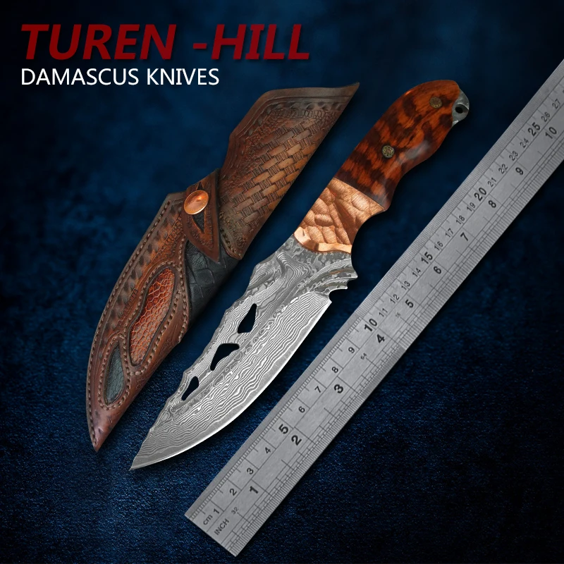 

TUREN-Full Tang Damascus Steel Hunting Knife Tactical Fixed Blade Knife Snakewood Handle Outdoor Camping Tool with Sheath