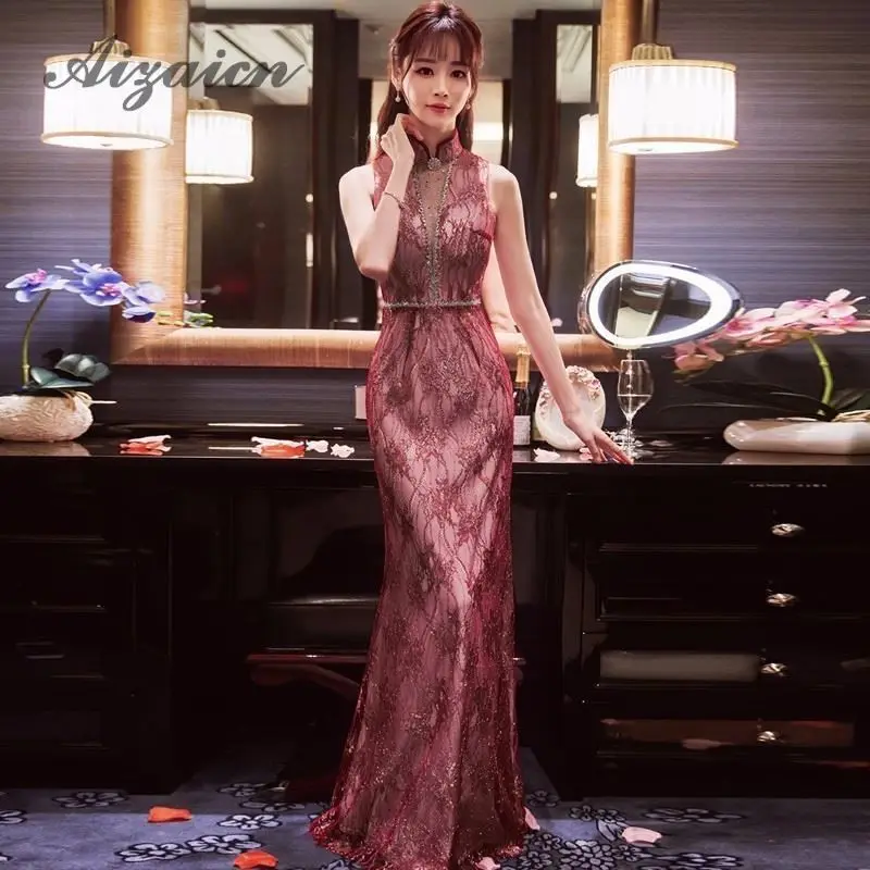 Сексуальное кружевное платье Cheongsam без рукавов, современное свадебное платье Qipao, длинное китайское официальное вечернее платье, элегантные женские восточные вечерние платья с бриллиантами
