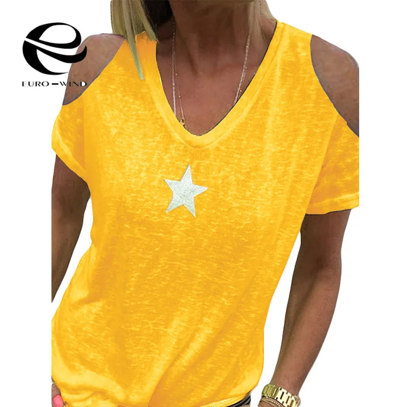 Yellow 2 Новинка, модная женская футболка размера плюс 8XL, v-образный вырез, пятиконечная звезда, топы, футболки для женщин, короткий рукав, с открытыми плечами, уличные футболки - Цвет: Yellow 2