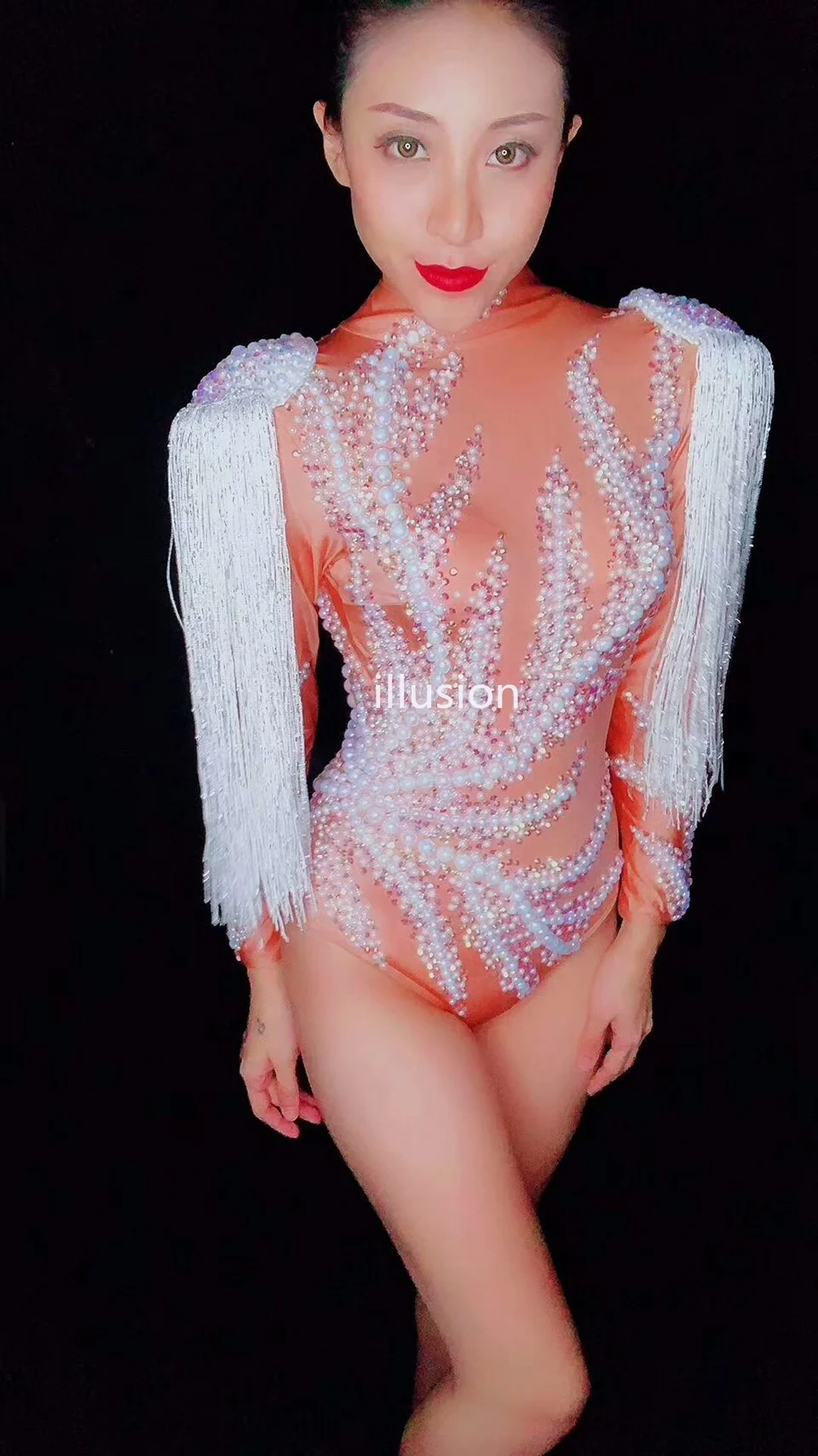 Women Sparkly Crystals Leotard White Pearls Tassel Epaulet Bodysuit Sexy Bar Club DJ Rhinestone Dress Stage Wear Dance Costume |