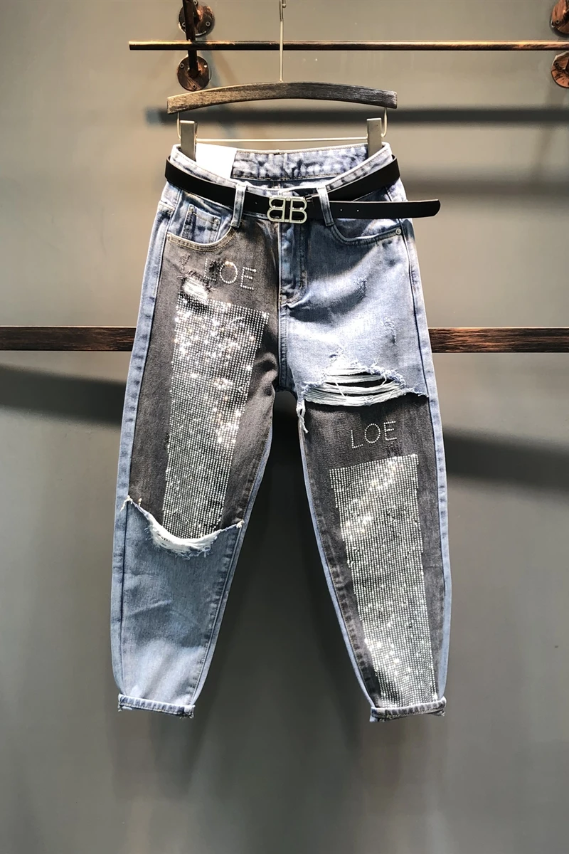 Новинка 2019 весенне осенние женские джинсовые брюки с цветными блоками лидер