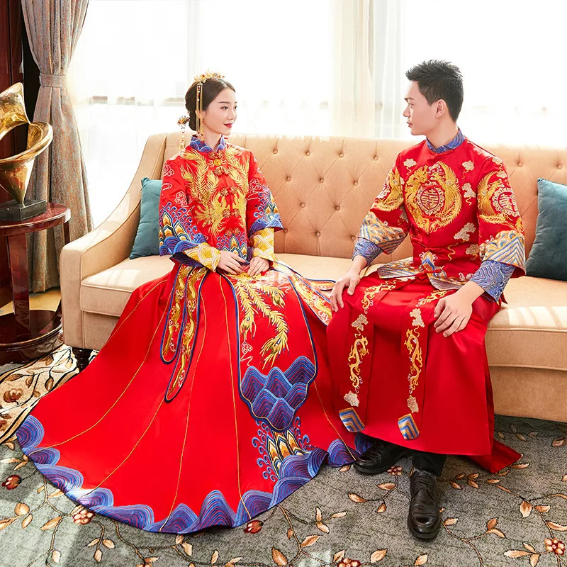 

Женское и мужское свадебное платье в китайском стиле с вышивкой Феникс и дракон ханьфу