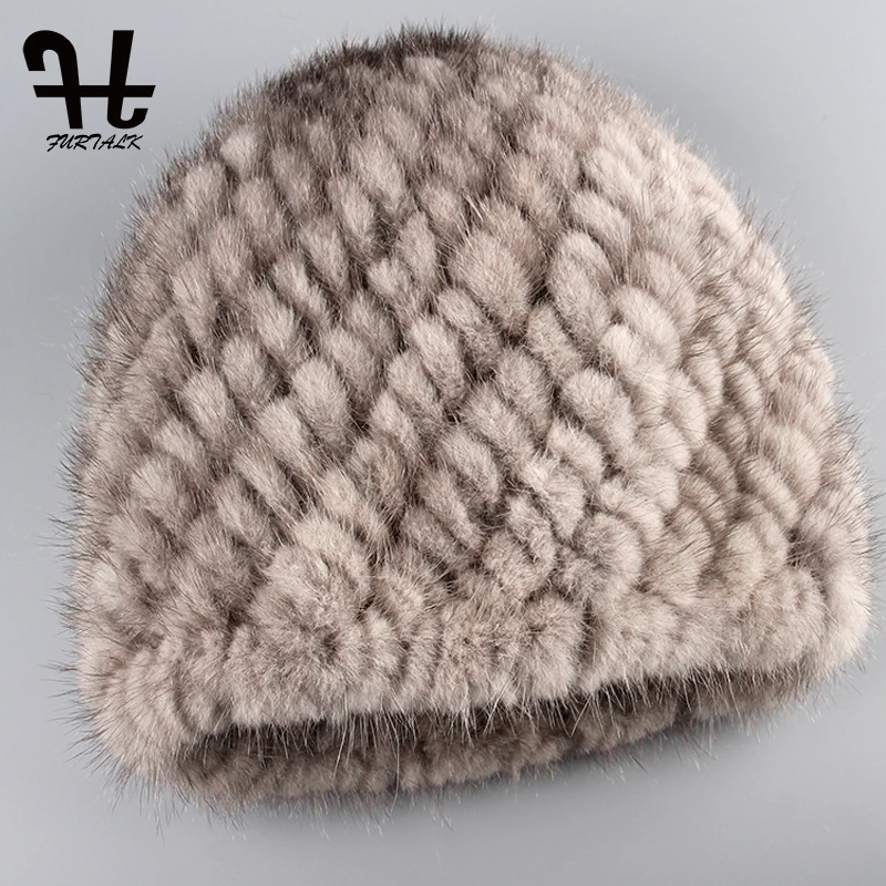 FURTALK Женщины Роскошные вязать норки меховая шапка зимняя Русские Натуральный Мех