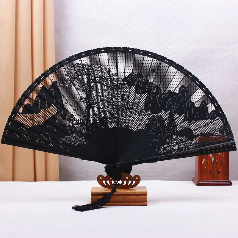 Китайский веер из бамбука в японском стиле складной резной черный подарок для