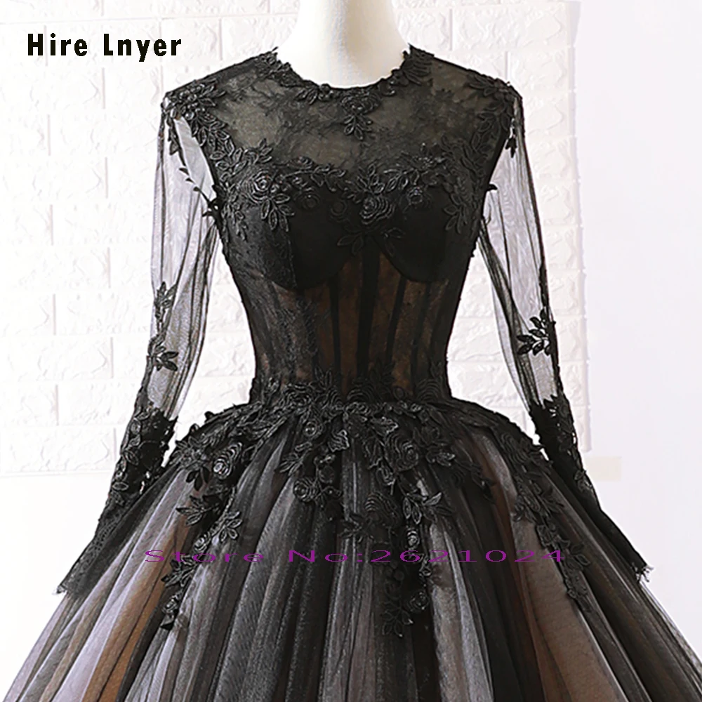HIRE LNYER China New Arrive Long Sleeve O-neck Zipper Up Appliques Lace Illusion Black Ball Gown Wedding Dress Plus Size Mariage | Свадьбы и