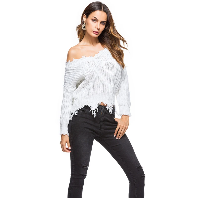 FANTASYONE Tassel Oversize Sweater Women V-neck Pullover Feminino Pull Femme 2017 Jumpers Short White Knitwear Sueter Mujer Fall | Женская