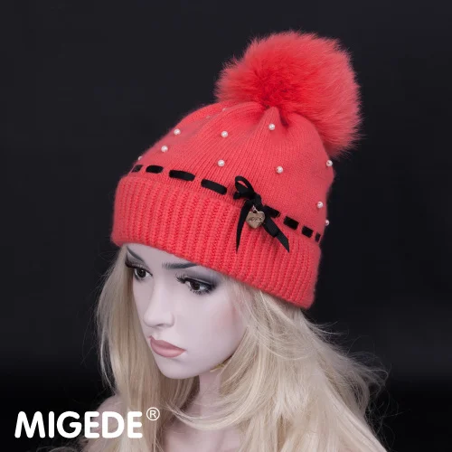 Melon red Женская зимняя шапка, теплая шерстяная вязанная шапка бини, высокое качество, настоящие помпоны из лисьего меха, шапки классического цвета, украшенные бриллиантами - Цвет: Melon red