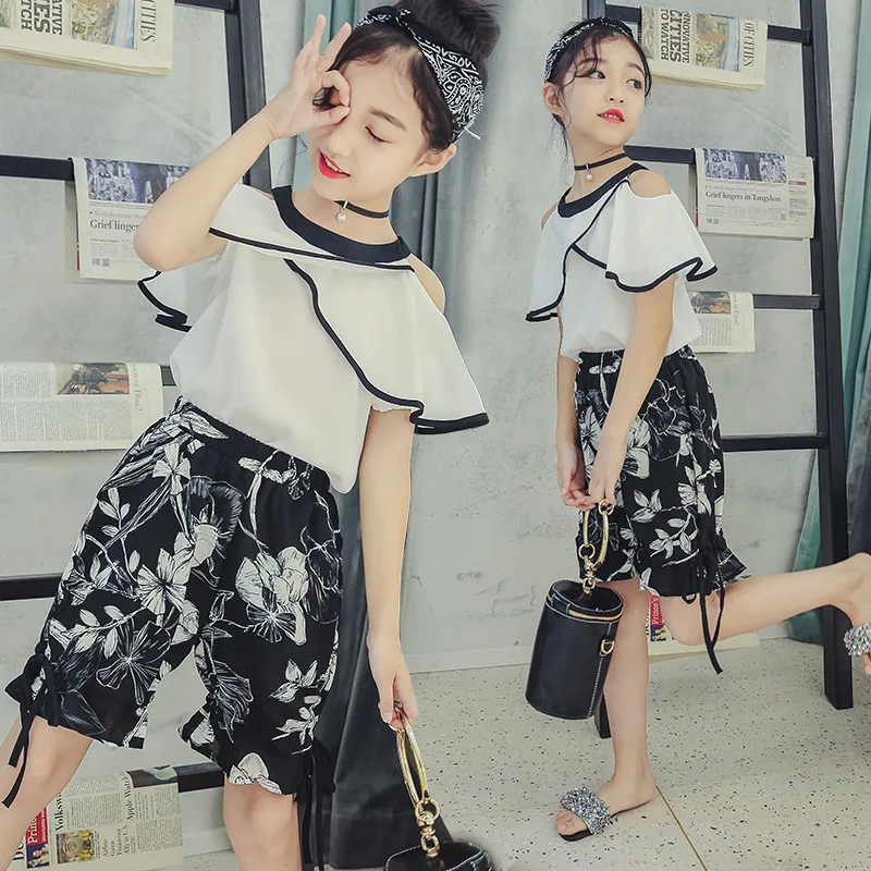 Комплекты одежды для девочек подростков лето 2018 белая блузка с открытыми плечами