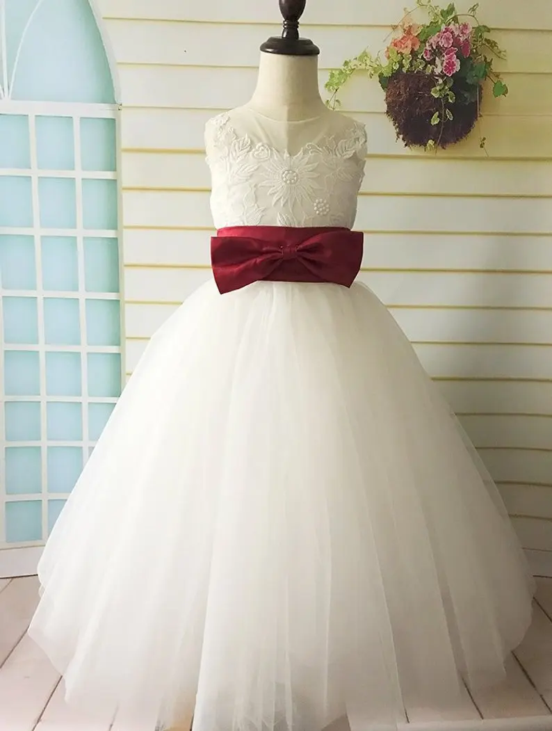 Lace Tulle Flower Girl Dress Wedding Tutu First Communication with Apple Red Sash Bows V Back | Свадьбы и торжества