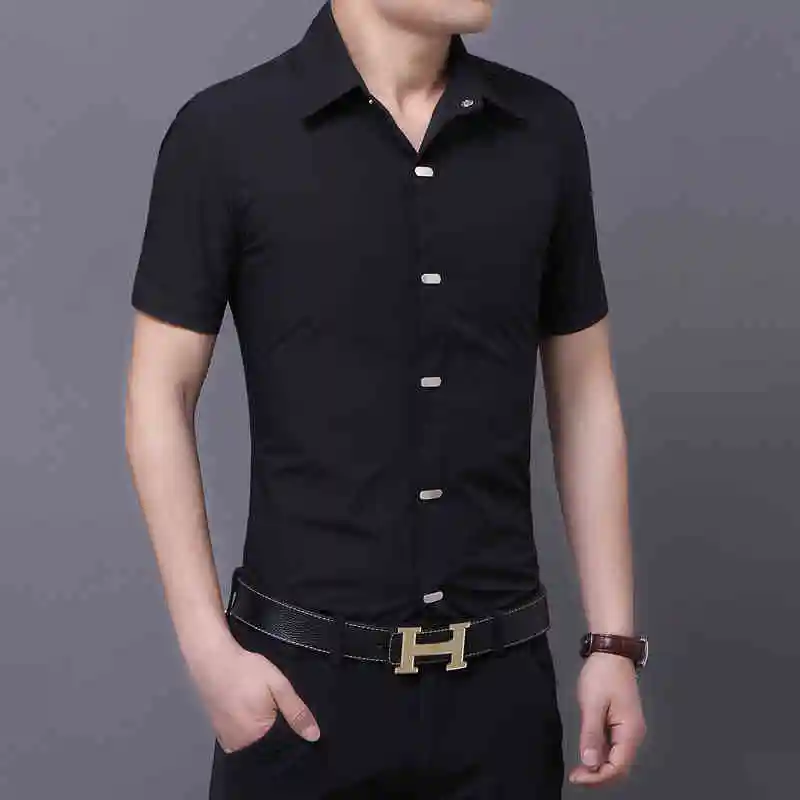 Новая повседневная мужская рубашка с коротким рукавом эластичная приталенная