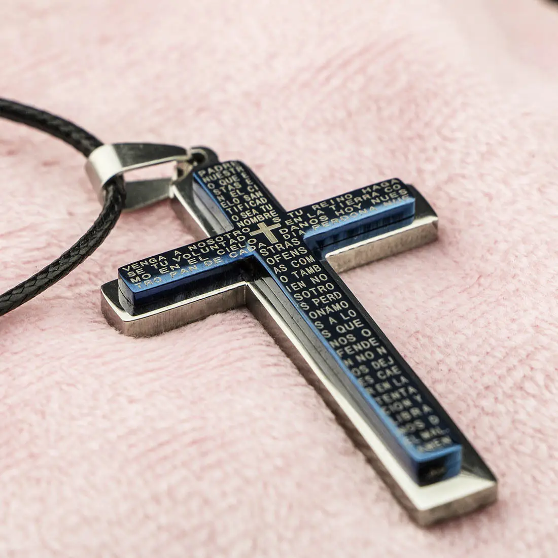 New Gift Unisex's Men Blue Silver Stainless Steel Cross Pendant Necklace Chain Black leather A-2240 | Pendants