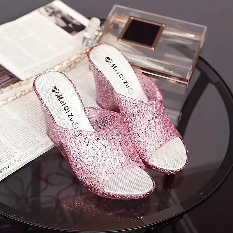 

Womens Clear Casual Wedge Heel Slippers Open Toe Summer Shoe Slingback Top Shoes