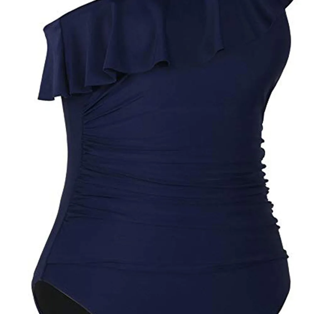 Женский купальник с оборками Одноцветный черный монокини открытыми плечами