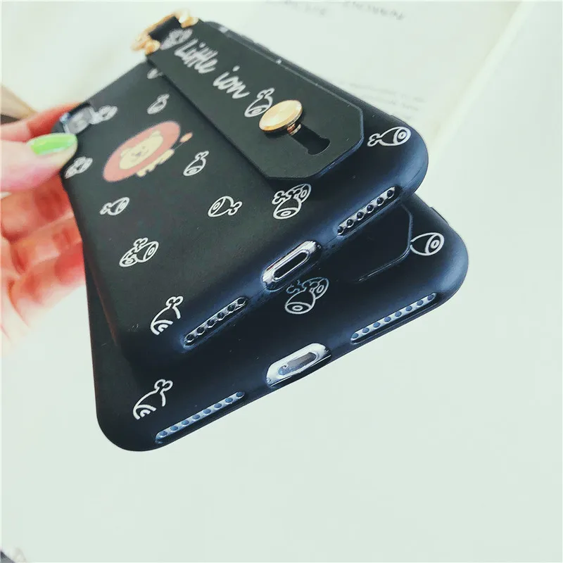 cute cartoon lion wrist strap Kickstand IMD black soft shell mobile phone bag For Apple iphone 6 6s 7 8 Plus X XS XR MAX case |