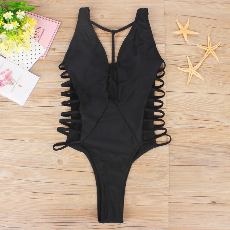 Newest Sexy One Piece Women Swimwear Black deep v neck backless Rope lace up bodysuit Swimsuit Hollow out trajes de bano | Спорт и