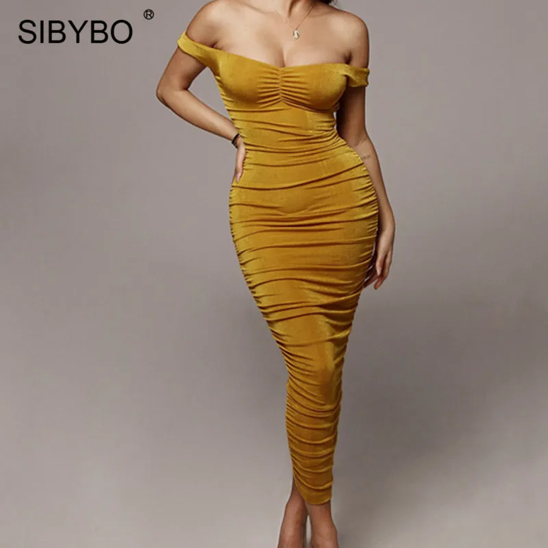 Цвет: желтый Sibybo без бретелек Плиссированное бархатное сексуальное длинное платье для женщин с открытыми плечами без рукавов летнее макси платье с открытой спиной повседневные женские платья - Цвет: Цвет: желтый