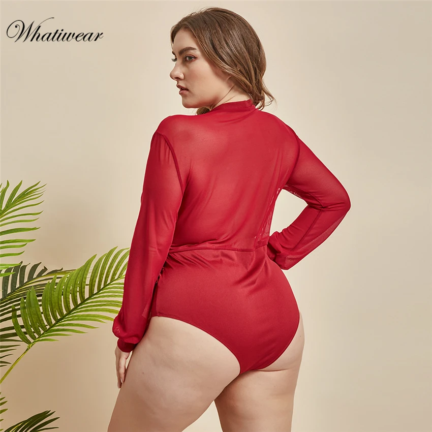 Whatiwear плюс размер с длинным рукавом Кружевное боди прозрачное Женское