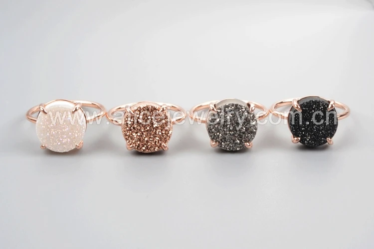 Кольцо с камнем BOROSA Druzy, 12 мм, Круглый, розовое золото, цвет, коготь, титан, AB, серебристый, черный, кристалл, камень, натуральный, Druzy, кольцо, драгоценные камни ZG0131