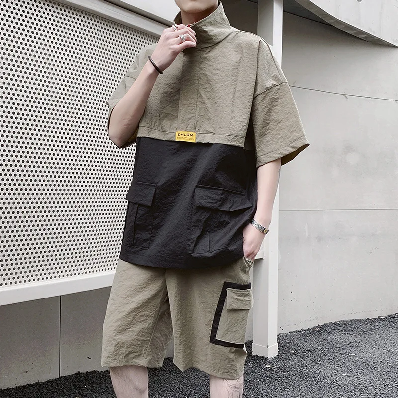 Army Green Новая летняя уличная Для мужчин; костюм из лоскутов короткий рукав футболка+ шорты хип-хоп комплект из двух предметов для Для мужчин костюмы Костюмы - Цвет: Army Green