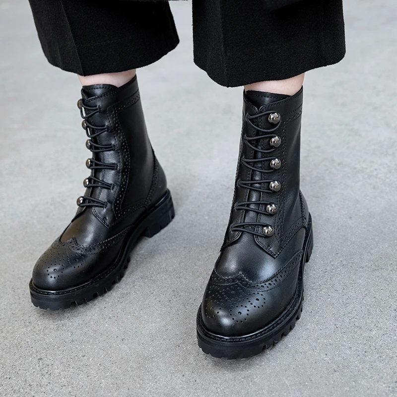 ISNOM Motorcycle Boots Women Mid-Calf Military Boot Round Toe Neutral Brogue Shoes Female Cross Tied Rivet Casual Shoes Ladies
