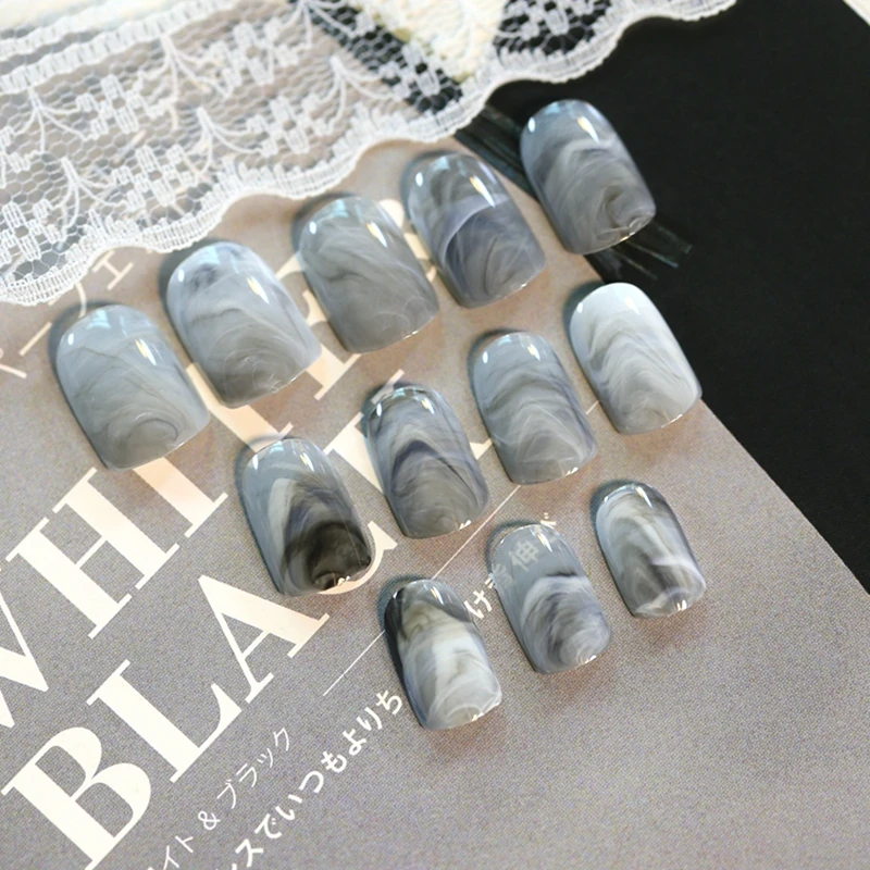 Фото 24 шт./компл. Серые Мраморные дизайнерские женские ногти - купить
