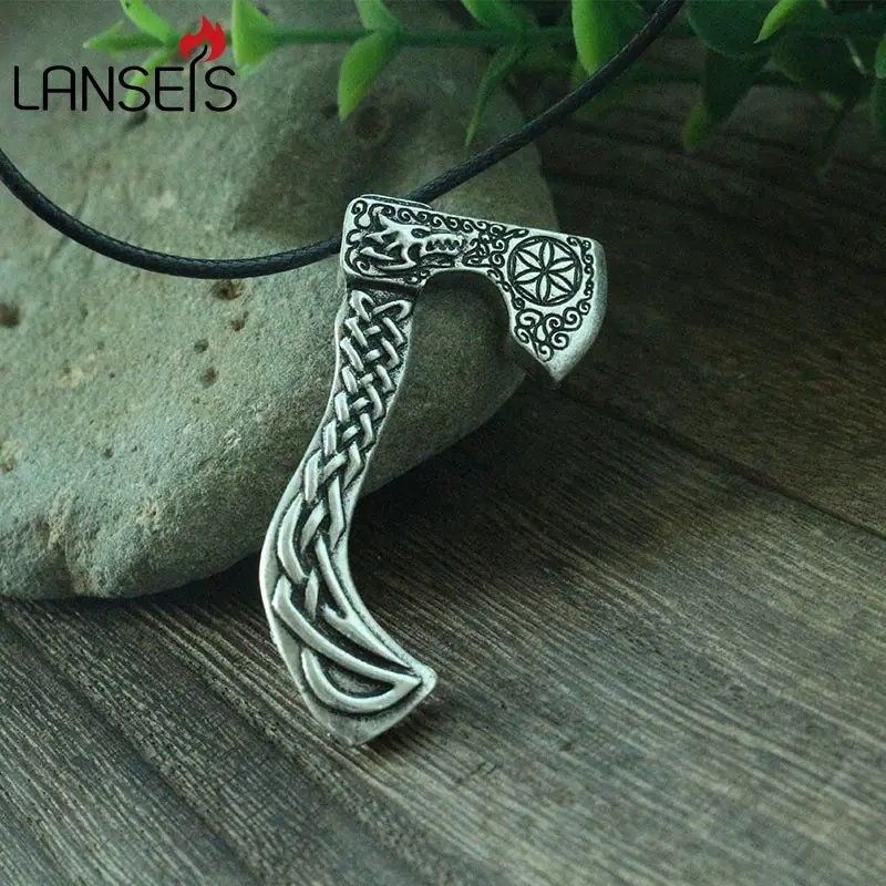 lanseis 1pcs viking wolf axe necklace men pendant Nordic pagan jewelry | Necklace
