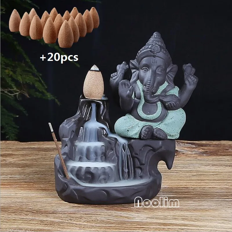 Green A -Sandalwood NOOLIM Ganesha горелка для благовоний с обратным потоком слон Бог эмблема благоприятный и успех керамическая конусная кадильница домашний декор с 20 шт. конусами - Цвет: Green A -Sandalwood